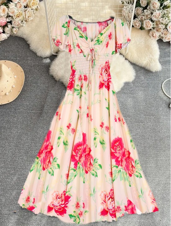Floral V -Neck Short Sleeved Summer Dress